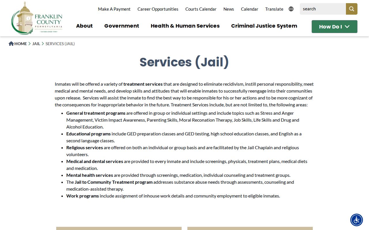 Franklin County arrest intake and jail services information