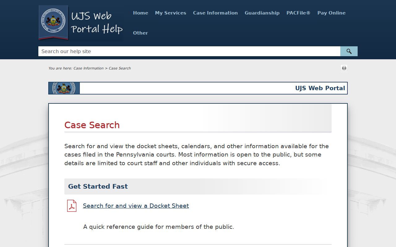 Official UJS help for a Franklin County court case search
